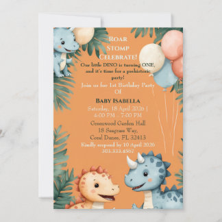 Invitación Roar Stomp Orange Little Dino Turning One Birthday