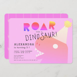 Invitación ROAR T-Rex Dinosaur Neon Pink Chica Cumpleaños