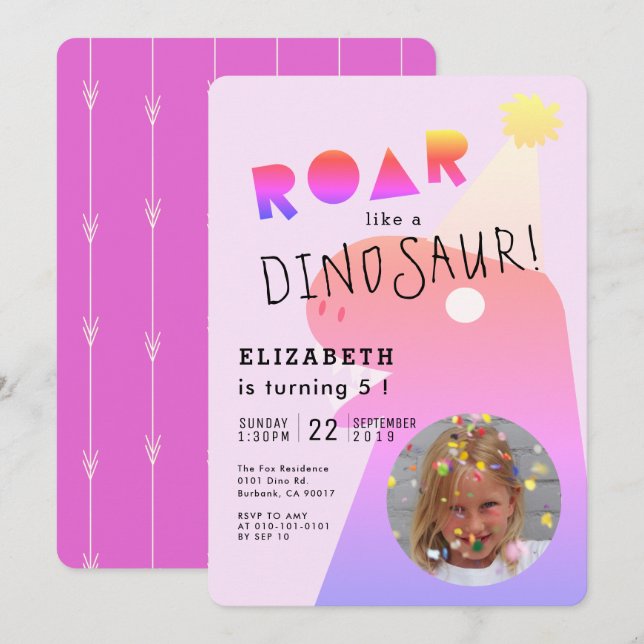 Invitación ROAR T-Rex Dinosaur Neon Pink Photo Chica Cumpleañ (Anverso / Reverso)