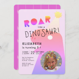 Invitación ROAR T-Rex Dinosaur Neon Pink Photo Chica Cumpleañ
