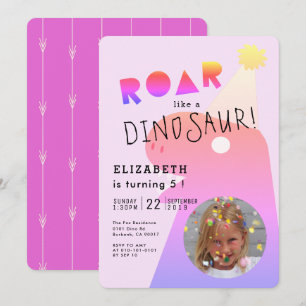Invitación ROAR T-Rex Dinosaur Neon Pink Photo Chica Cumpleañ