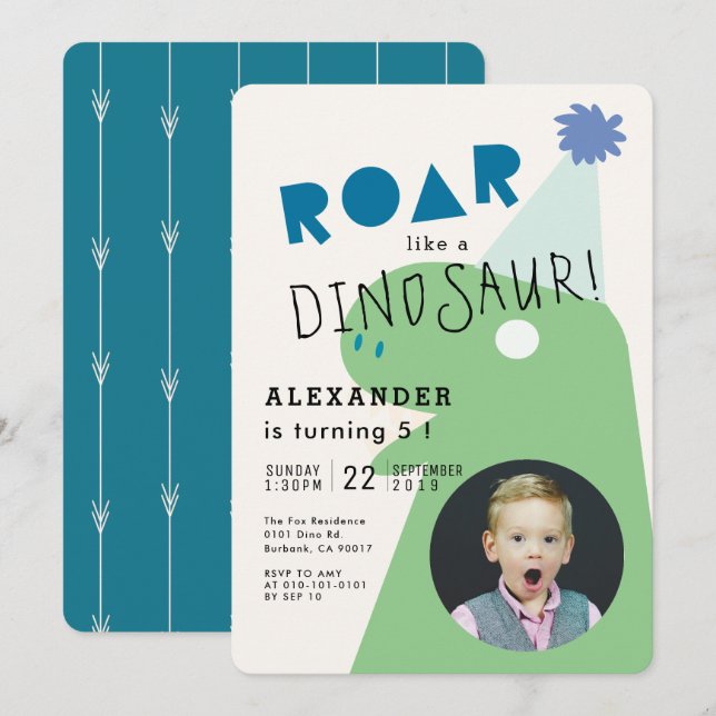 Invitación ROAR T-Rex Marina de Dinosaurios Fotos Azules Cump (Anverso / Reverso)