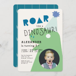 Invitación ROAR T-Rex Marina de Dinosaurios Fotos Azules Cump