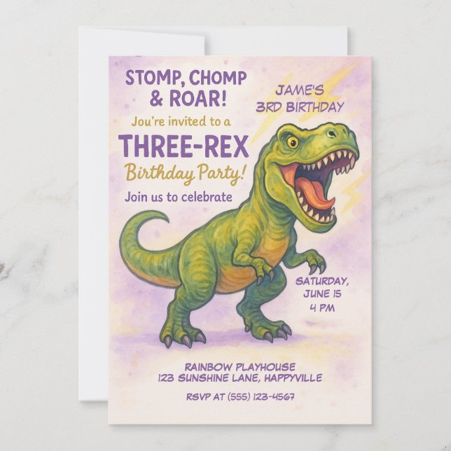 Invitación ¡Roar y Stomp! ¡Es una Fiesta de Cumpleaños de tre (Anverso)