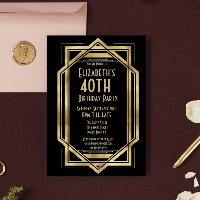 Invitación Roaring 20 Art Deco Black | Oro 40 cumpleaños (Subido por el creador)