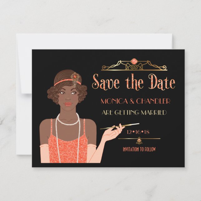 Invitación Roaring 20s Afroamericana Flapper Save the Date (Anverso)