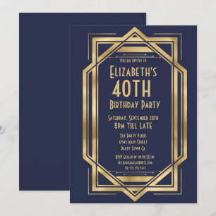 Invitación Roaring 20s Art Deco Azul Marina   Oro 40º