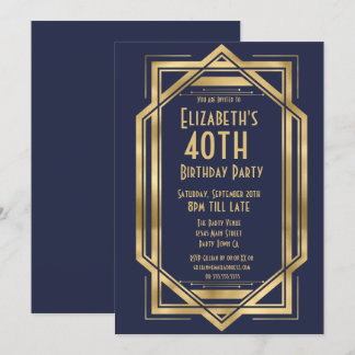Invitación Roaring 20s Art Deco Azul Marina | Oro 40º