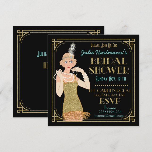 Invitación Roaring 20's Flapper Gold Purpurina Black Retro (Anverso / Reverso)