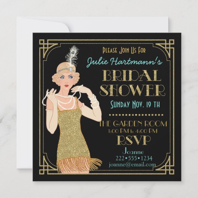 Invitación Roaring 20's Flapper Gold Purpurina Black Retro (Anverso)