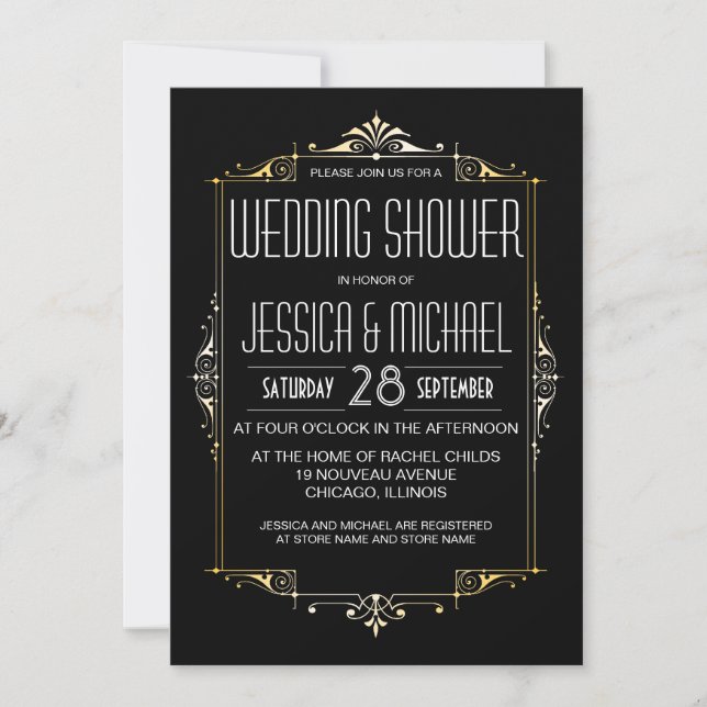 Invitación Roaring 20's Theme Wedding Shower | Estilo Art Dec (Anverso)