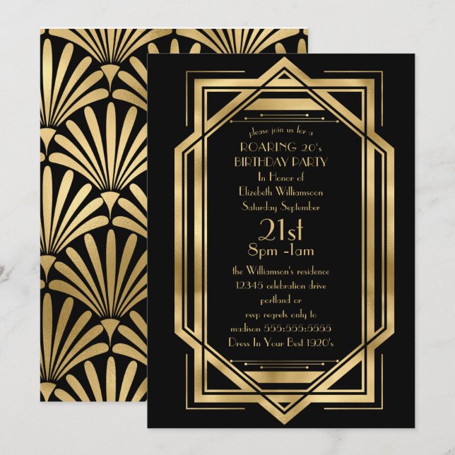 Invitación Roaring Black and Gold Art Deco Fiesta de cumpleañ (Anverso / Reverso)
