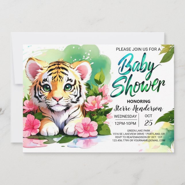 Invitación Roaring Pink Tiger Watercolor Baby Shower (Anverso)
