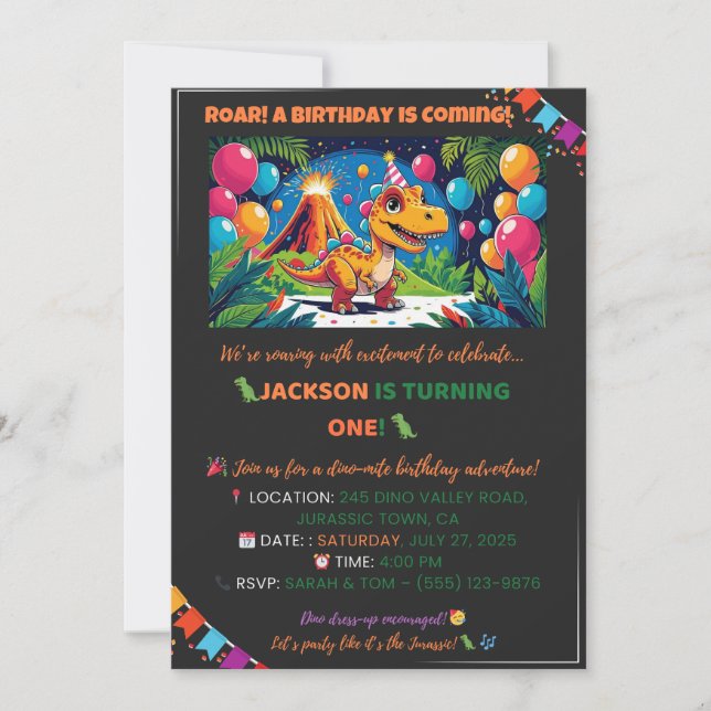 Invitación Roarsome Dino Birthday Card – Editable (Anverso)