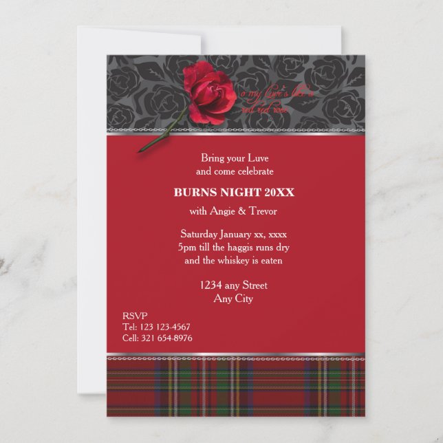 Invitación Robbie Burns Red, Red Rose (Anverso)