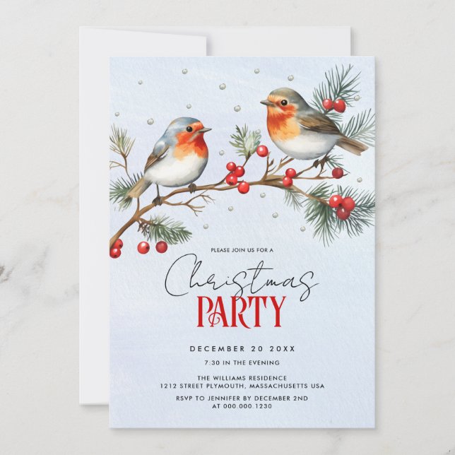 Invitación Robin birds, branch and berries Christmas holiday (Anverso)