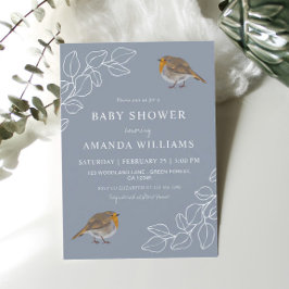 Invitación Robin Botanical Dusty Blue Baby Shower