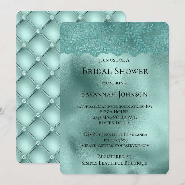 Invitación Robin Egg Green Lace y Diamonds Bridal Shower (Anverso / Reverso)