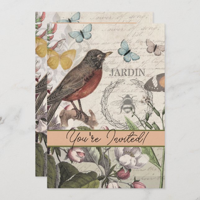 Invitación Robin Elegant Bird Butterfly Arte Francés (Anverso / Reverso)
