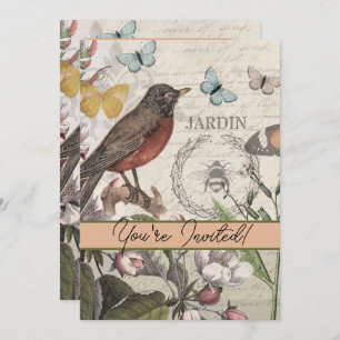 Invitación Robin Elegant Bird Butterfly Arte Francés