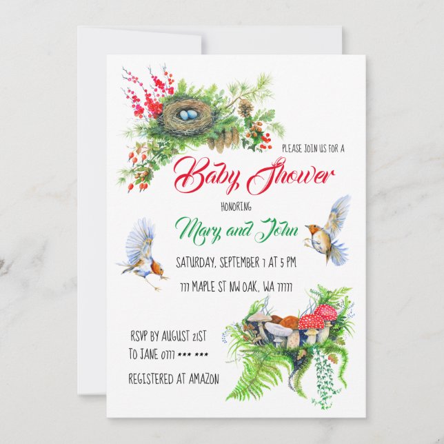 Invitación Robin Pájaros rústicos de Woodland con Baby Shower (Anverso)