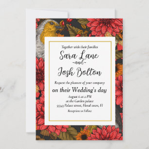 Invitación Robins en el jardín de otoño, dahlias rojas en neg