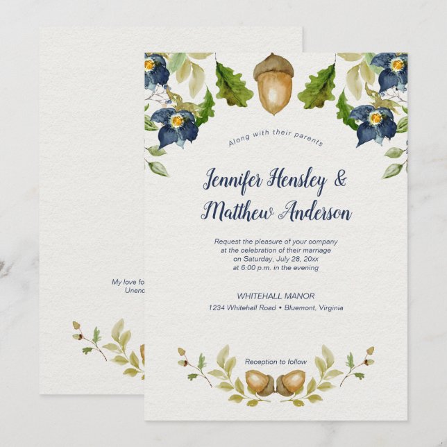 Invitación Roble floral azul deja Boda de maíz | (Anverso / Reverso)