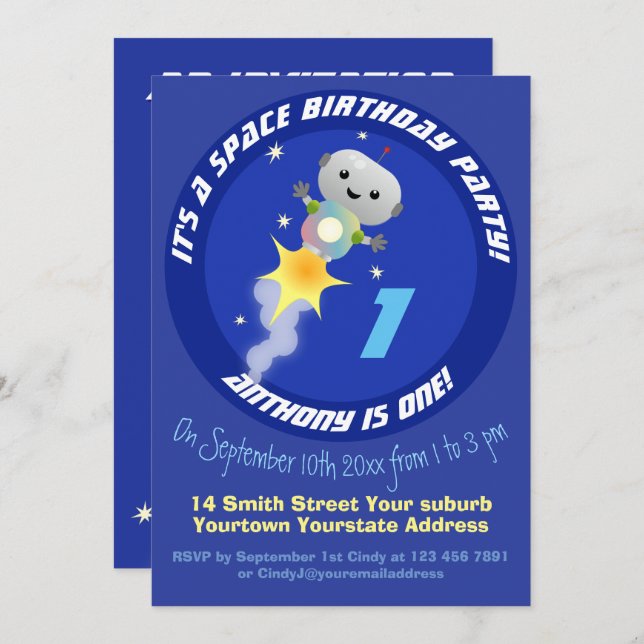 Invitación Robot en el espacio personalizado 1er cumpleaños p (Anverso / Reverso)
