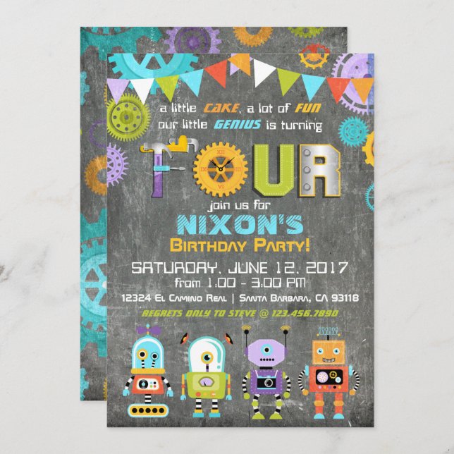 Invitación Robot Genius Gears Tools Chalkboard Cumpleaños (Anverso / Reverso)