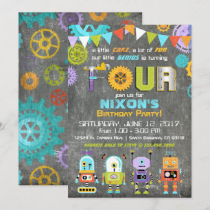 Invitación Robot Genius Gears Tools Chalkboard Cumpleaños