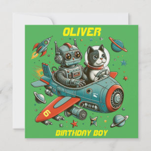 Invitación Robot retro personalizable y gato en el espacio