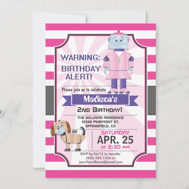 Invitación Robot rosado, fiesta de cumpleaños del Chica (Anverso)