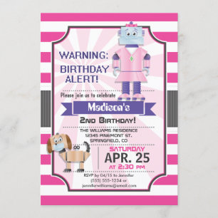 Invitación Robot rosado, fiesta de cumpleaños del Chica