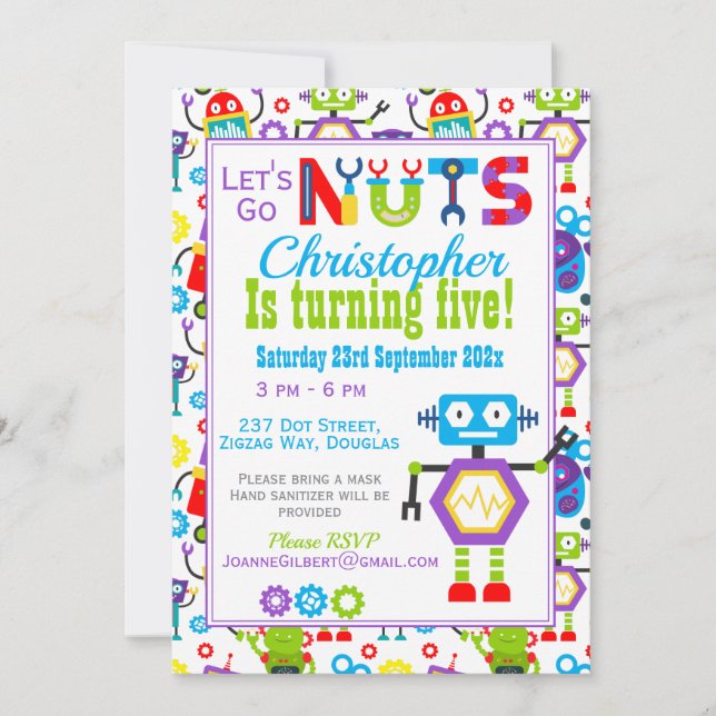 Invitación Robot Vamos fiesta de cumpleaños de las nueces (Anverso)