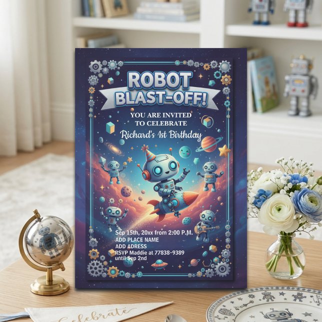 Invitación Robots in Space 1st Birthday Party (Subido por el creador)