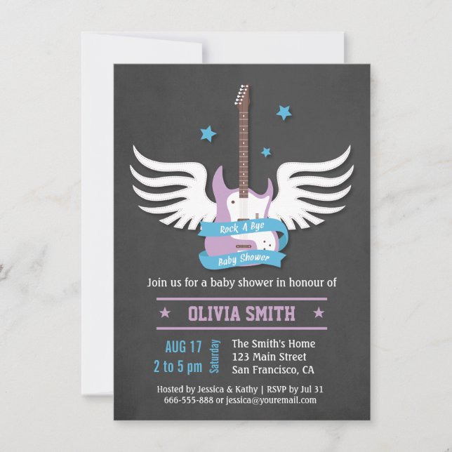 Invitación Roca de Guitarra Lila Azul Baño de Bebé (Anverso)