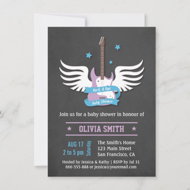 Invitación Roca Lilium Azul Guitarra Roca Adiós Bebé Ducha Pe (Anverso)