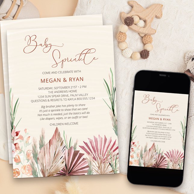 Invitación Rociada de bebé rústica Boho Palm Foliage seca (Neutral and natural boho style baby sprinkle invitation with palms flowers and dried grass)