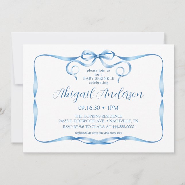 Invitación Rociador de bebé con cinta azul acuarela (Anverso)