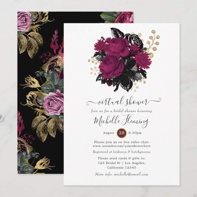 Invitación Rociador floral virtual de Marsala y oro (Anverso / Reverso)