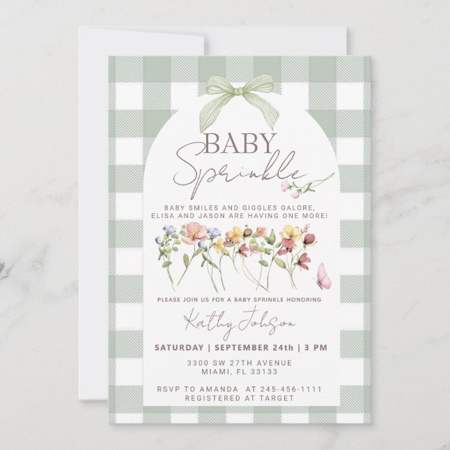 Invitación Rocío de bebé en cuadros verde salvia (Anverso)