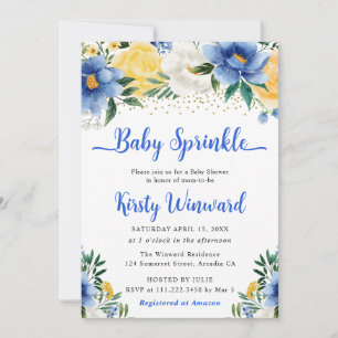Invitación Rocío de bebé Flores de verano azules y amarillas 