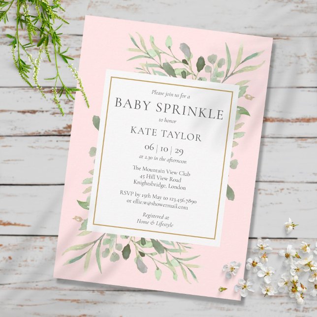 Invitación Rocío de bebé niña verde acuarela rosa (Watercolor Greenery Pink Girl Baby Sprinkle Invitation)