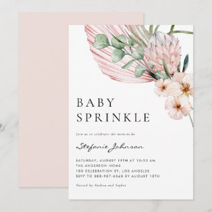 Invitación Rocío de bebé tropical protea acuarela rosa