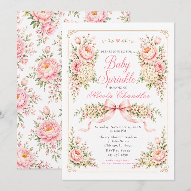 Invitación Rocío de flores y lazos para bebé (Anverso / Reverso)
