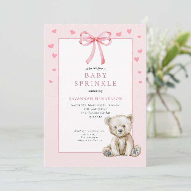 Invitación Rocío Suave de Bautizo de Bebé con Lindo Osito de  (Anverso de pie)