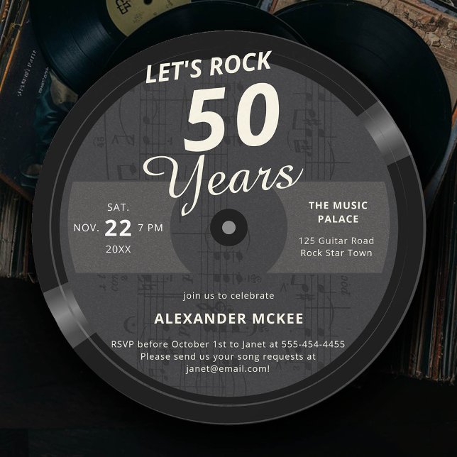 Invitación Rock 50 años Música LP 50 cumpleaños (mens 50th birthday party invitation music themed musical notes lets rock personalized)
