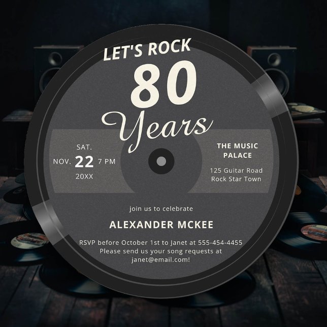 Invitación Rock 80 años récord de 80 años (mens 80th birthday party invitation music themed lets rock personalized)