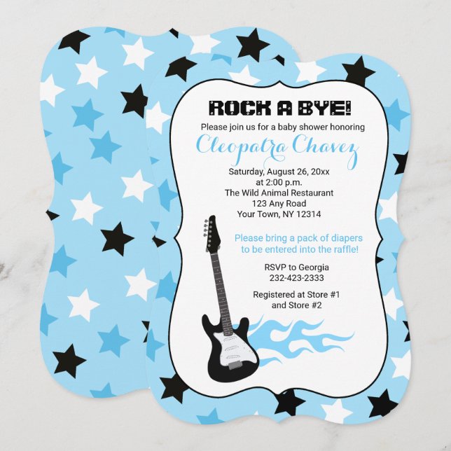 Invitación Rock a Bye Blue Rock Star Guitar Baby Shower (Anverso / Reverso)
