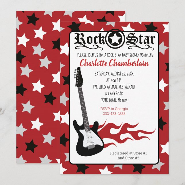 Invitación Rock a Bye Red Rock Star Guitar Baby Shower (Anverso / Reverso)